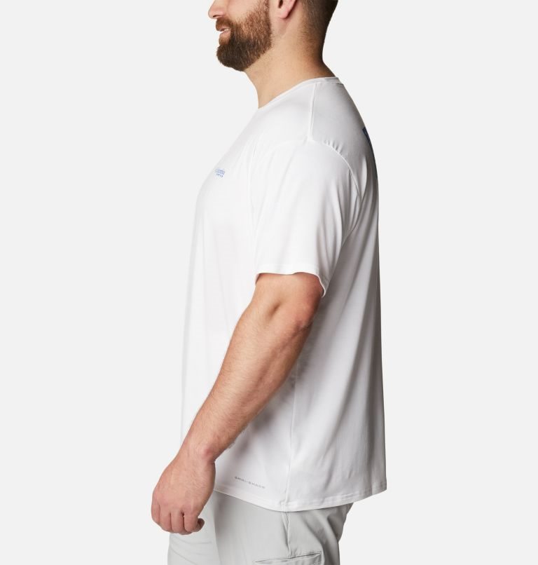 Men's Columbia PFG Fish Flag Tech Short Sleeve T Shirts White | Plus Size CA-M6C1L